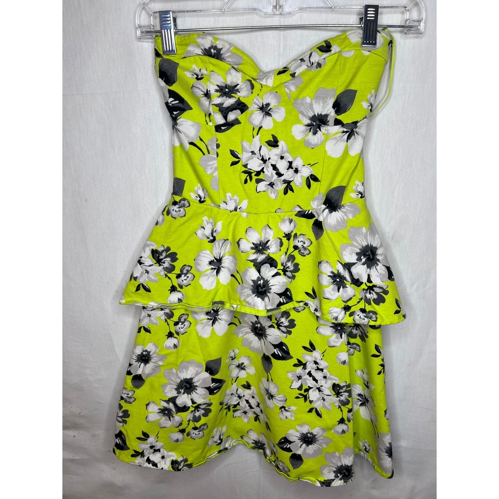 Aeropostale Neon Lime Green Floral Peplum Strapless‎ Mini Dress Girls Small S